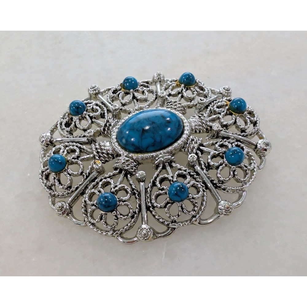 Vintage 1970s Silver Faux Turquoise Brooch Pin Western Southwest Style LT87 - Picture 3 of 5
